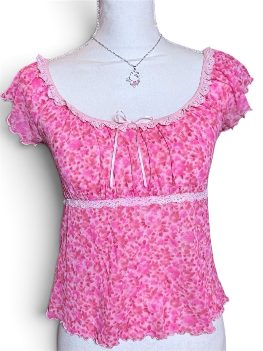PINK BABYDOLL TOP FLORAL WITH SATIN BOW COQUETTE 🌸💕